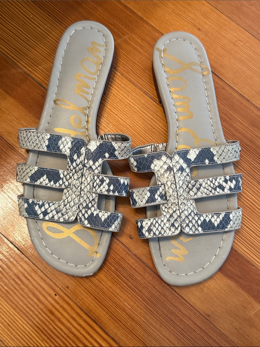 Snake-Print Slide Sandals in Gray and White — Sam Edelman